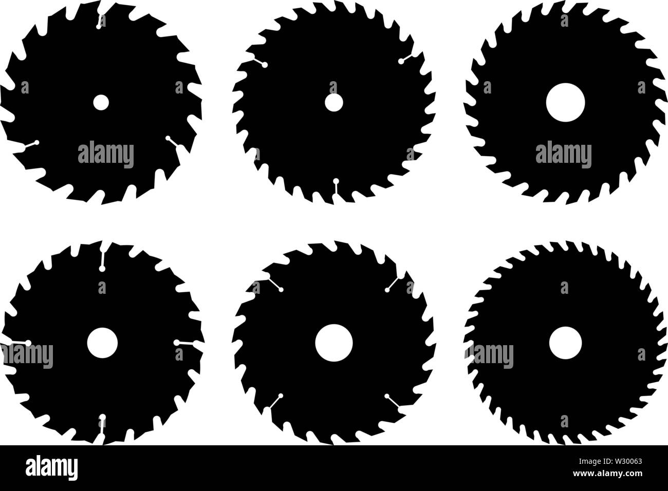 Circular saw blade disc. Wood cutting tool. Silhouette icons Stock Vector