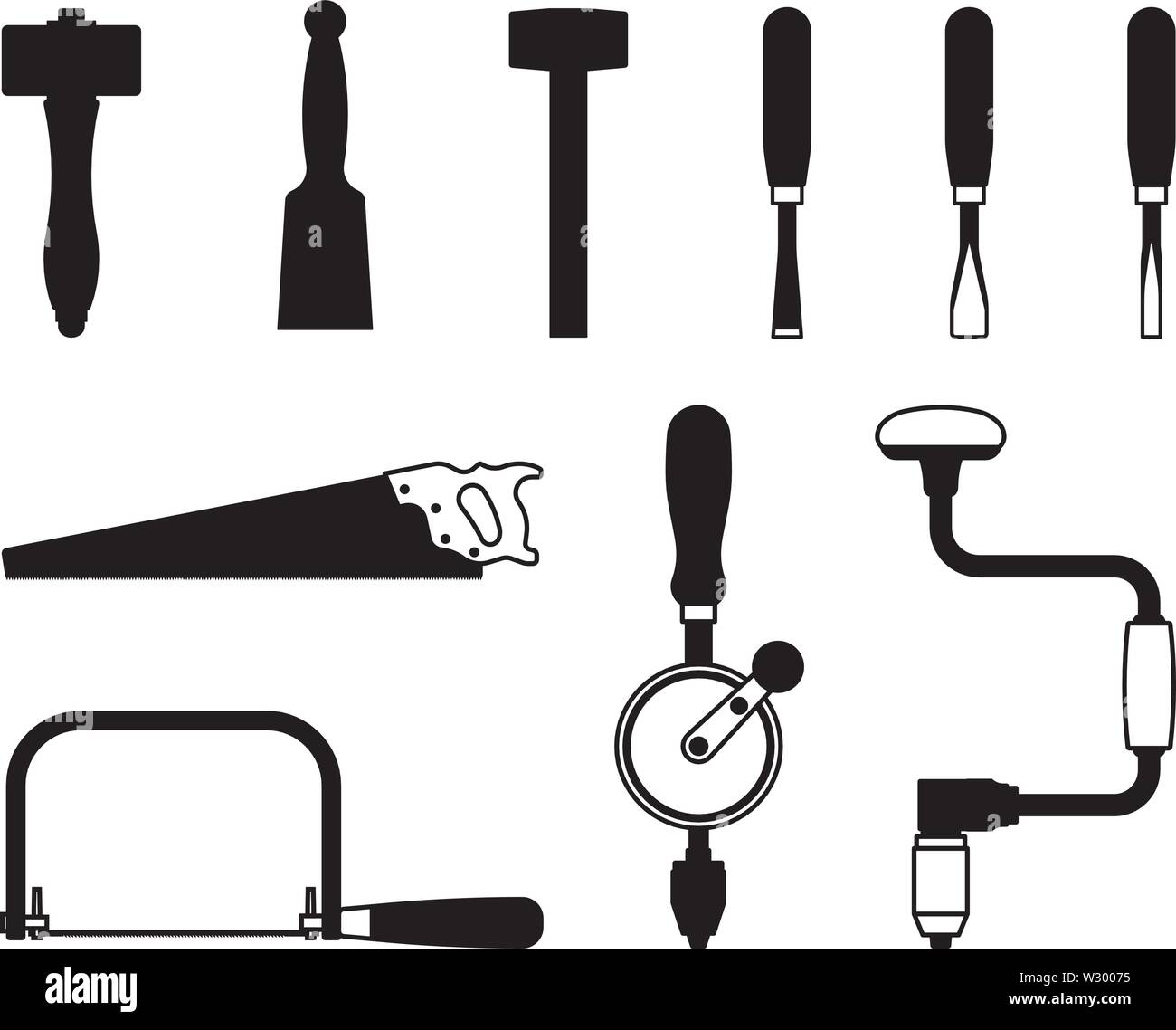 Woodworking hand tools. Silhouette icons. Vector illustration Stock Vector