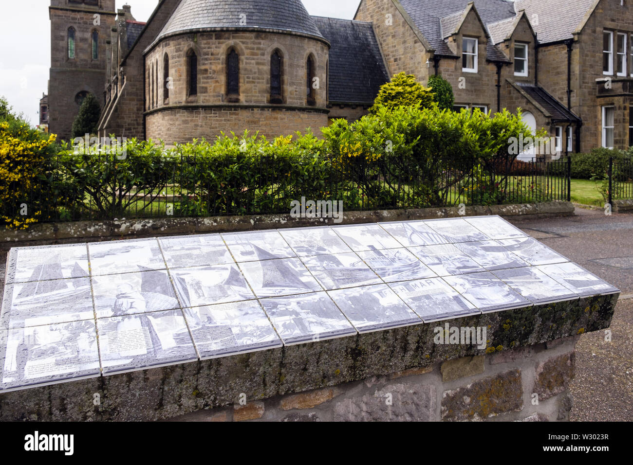 Pictorial historic information board in town square. Buckie, Moray, Scotland, UK, Britain Stock Photo