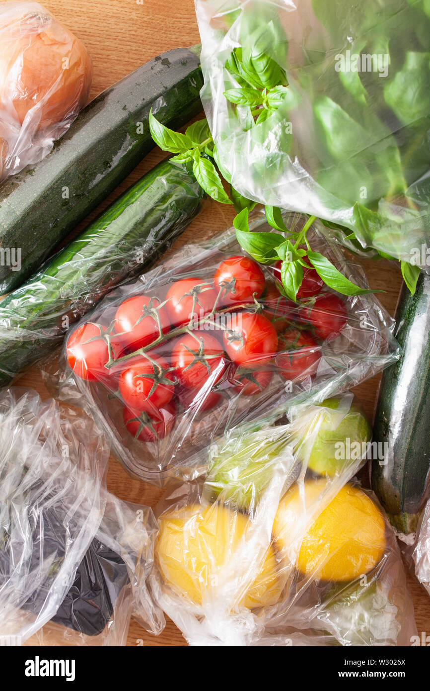 single use plastic packaging issue. fruits and vegetables in plastic