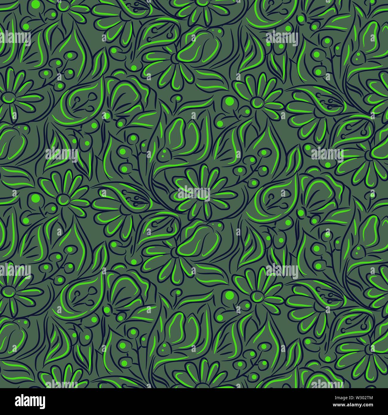 Hand drawn outline florals green gray colors seamless vector pattern. Stock Vector