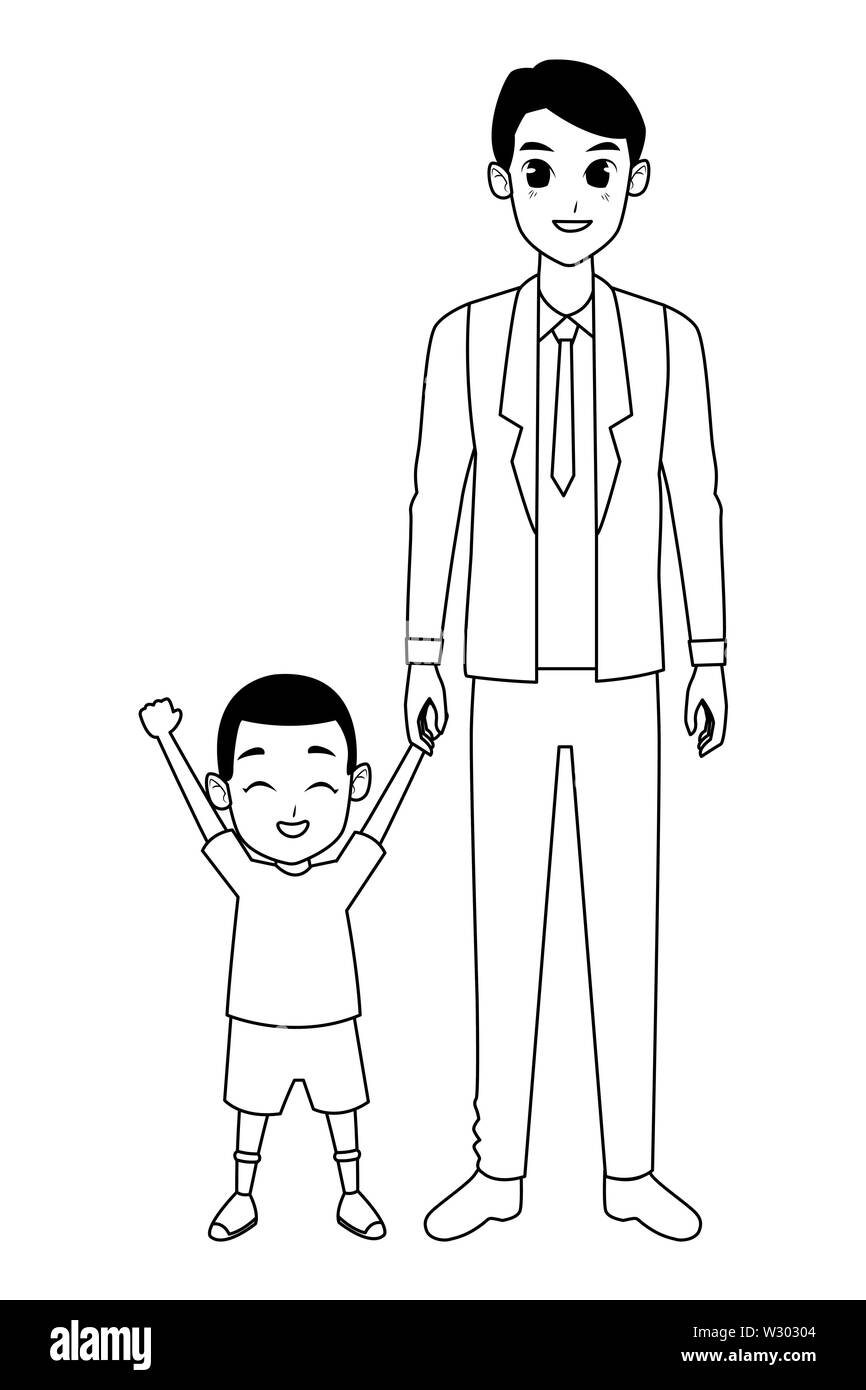 Single father with little son cartoon in black and white Stock Vector