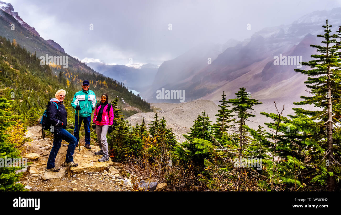 Seniors hiking the moraines of the Victoria Glacier from the Tea house