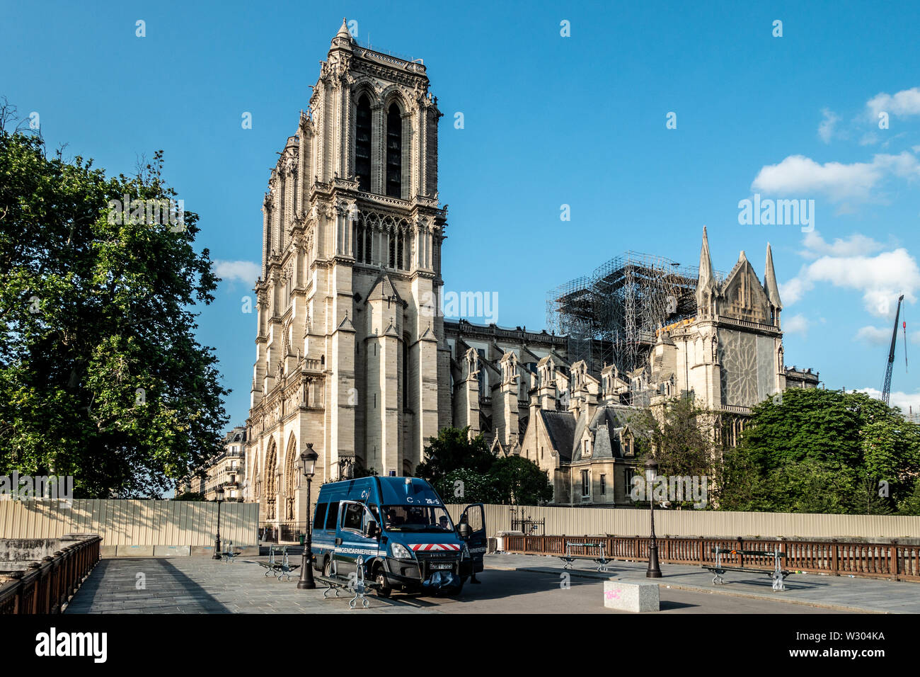Notre Dame Cathedral being rebuilt after the fire in Spring 2019 Stock