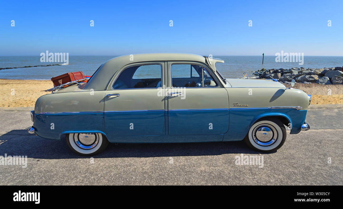 Classic Blue and Grey Ford Zodiac  Motor Car Parked on Seafront Promenade. Stock Photo