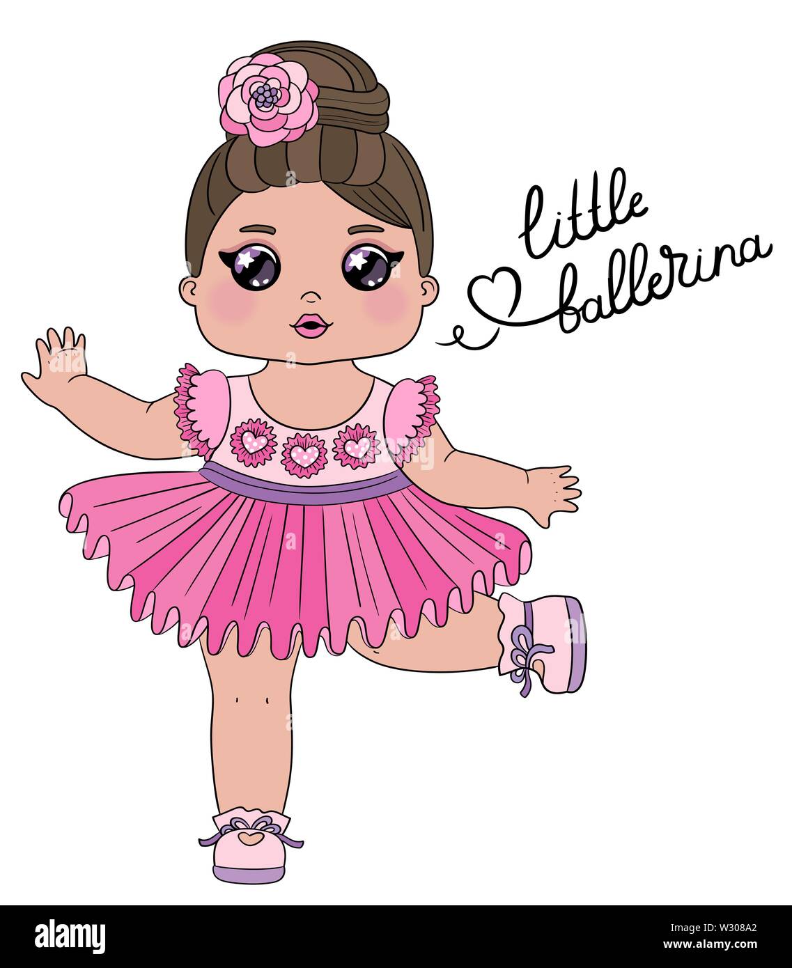Cute baby girl dancer character with lettering Little ballerina. Little dancing ballerina in a pink dress isolated on white background. Perfect for Stock Vector