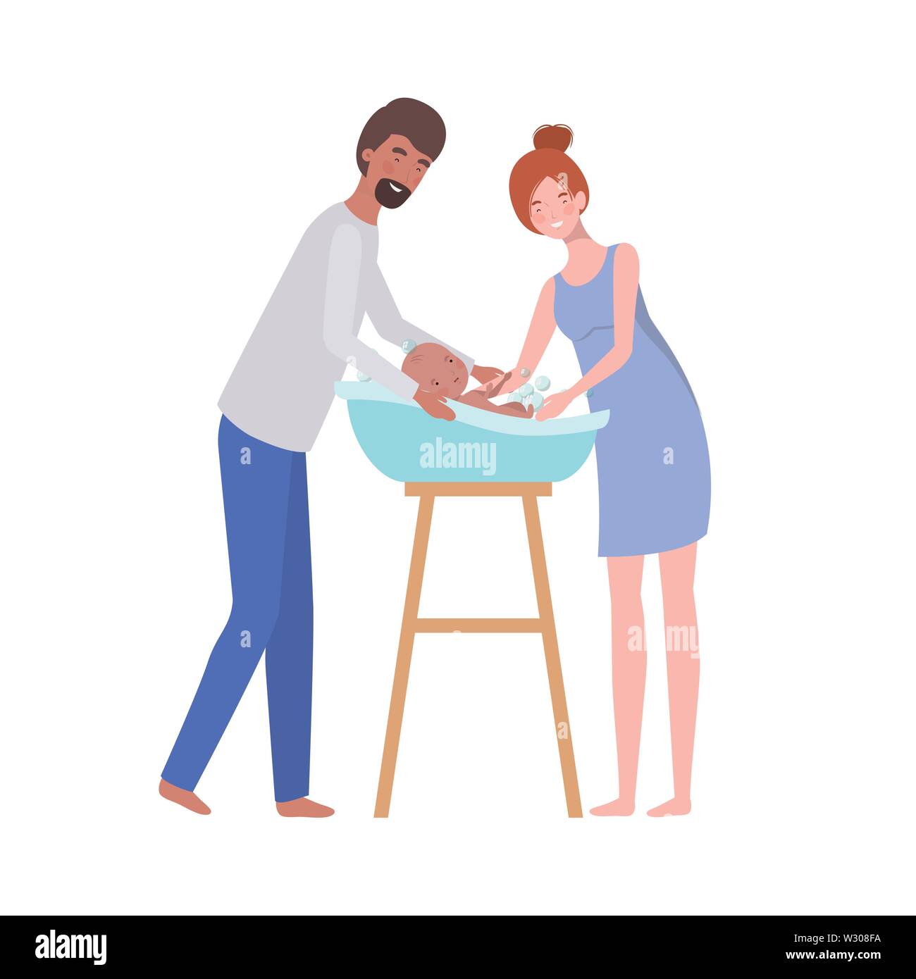 woman and man with newborn baby in the bathtub Stock Vector