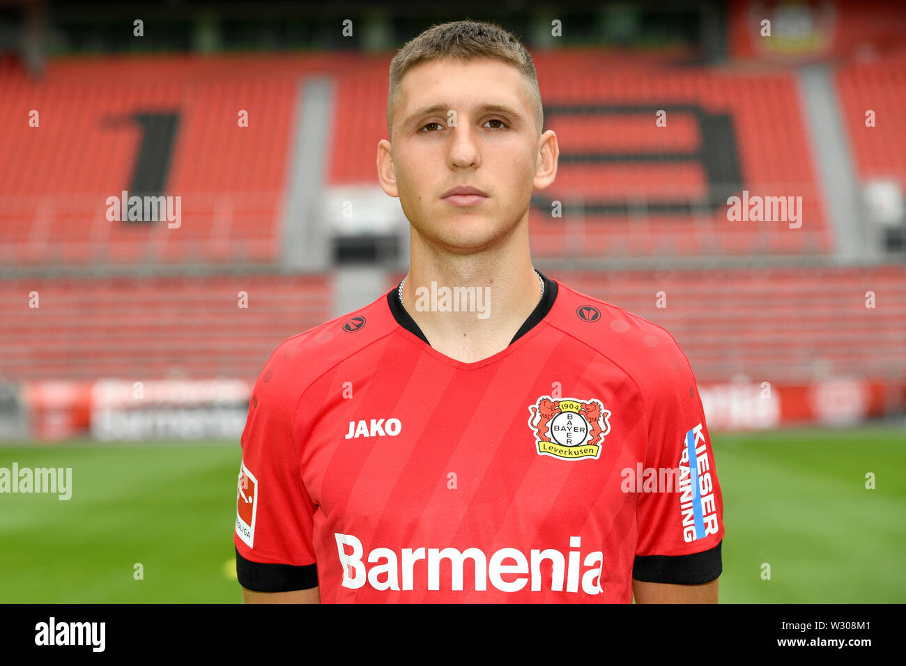 Leverkusen, Germany. 11th July, 2019. The Leverkusen defender Panagiotis Retsos poses for a photo during the presentation of the Bayer Leverkusen team for the upcoming first Bundesliga season in the BayArena. Credit: Ina Fassbender/POOL/AFP/dpa/Alamy Live News Stock Photo