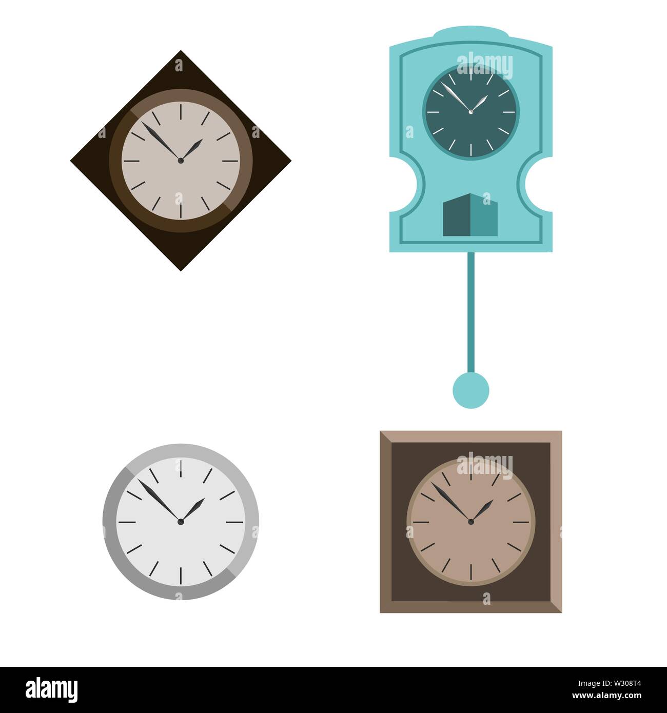 A set of furniture for the room. clocks In different styles. Vector flat illustration Stock