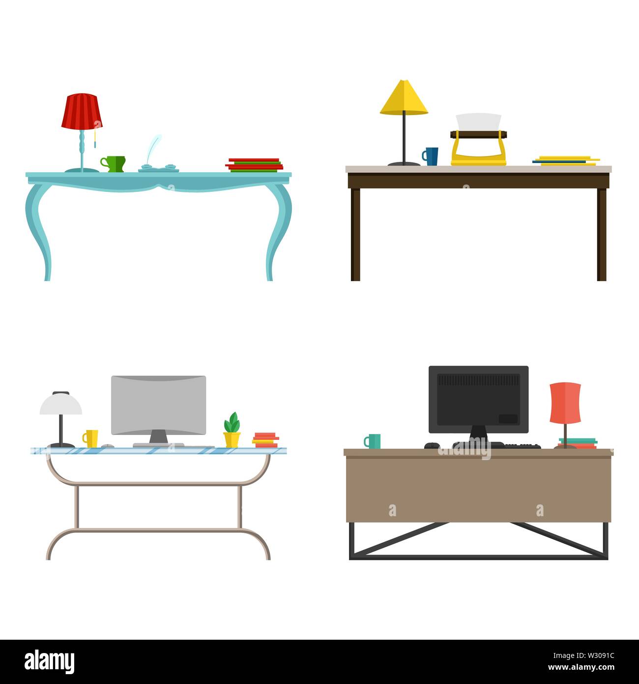 A set of furniture for the cabinet. desk workplace In different styles Vector flat illustration Stock Vector