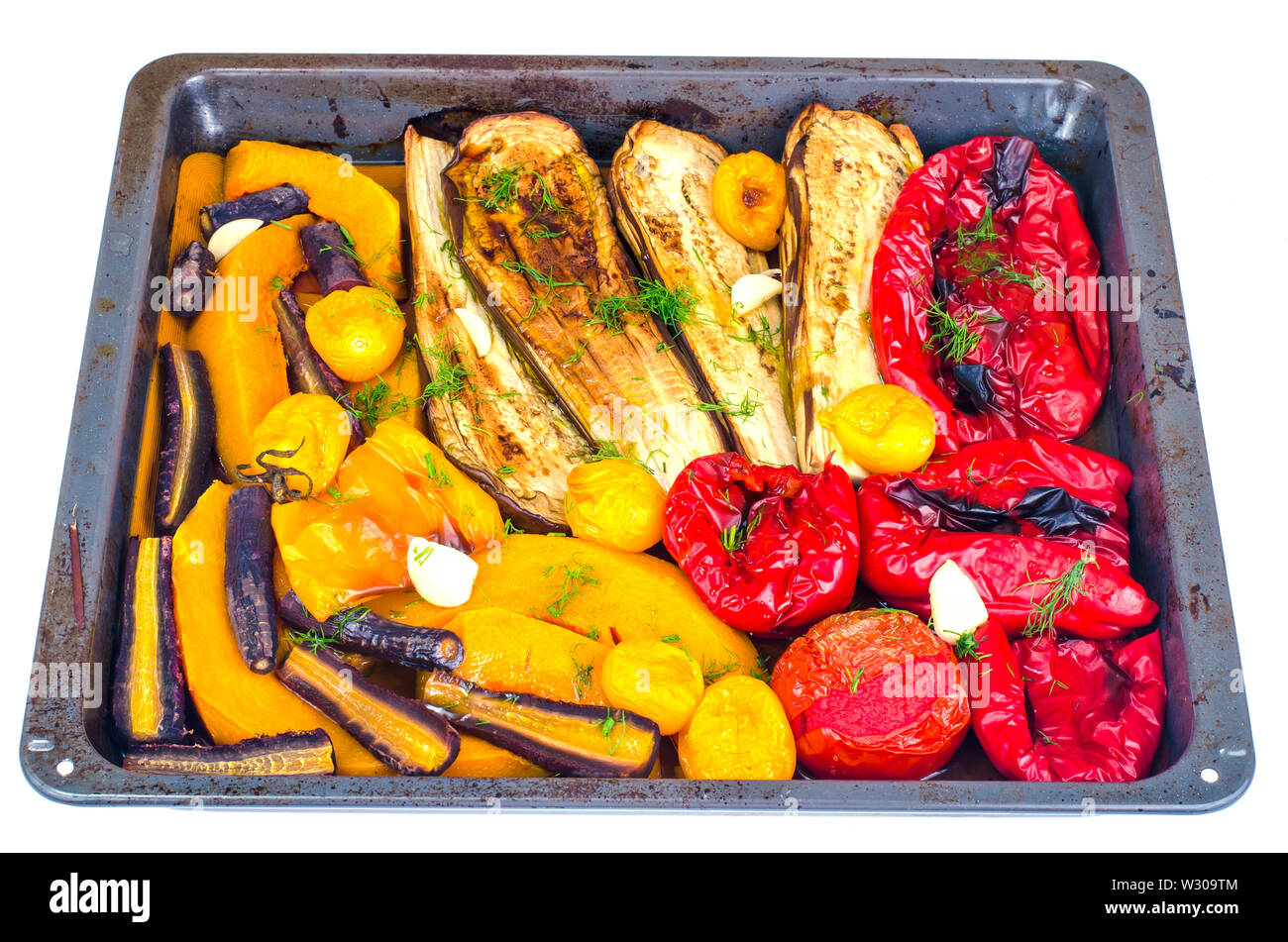 Seasonal vegetables baked on baking sheet Stock Photo Alamy