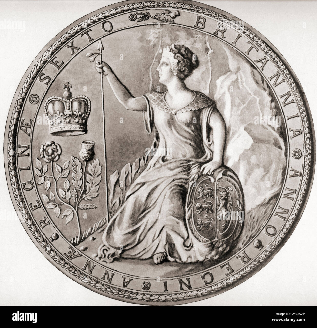 Second Great Seal of Queen Anne, 1707, commemorating the union with Scotland.  Anne , Queen of Great Britain, 1665 – 1714.  Queen of England, Scotland and Ireland.  From a contemporary print, c.1935. Stock Photo