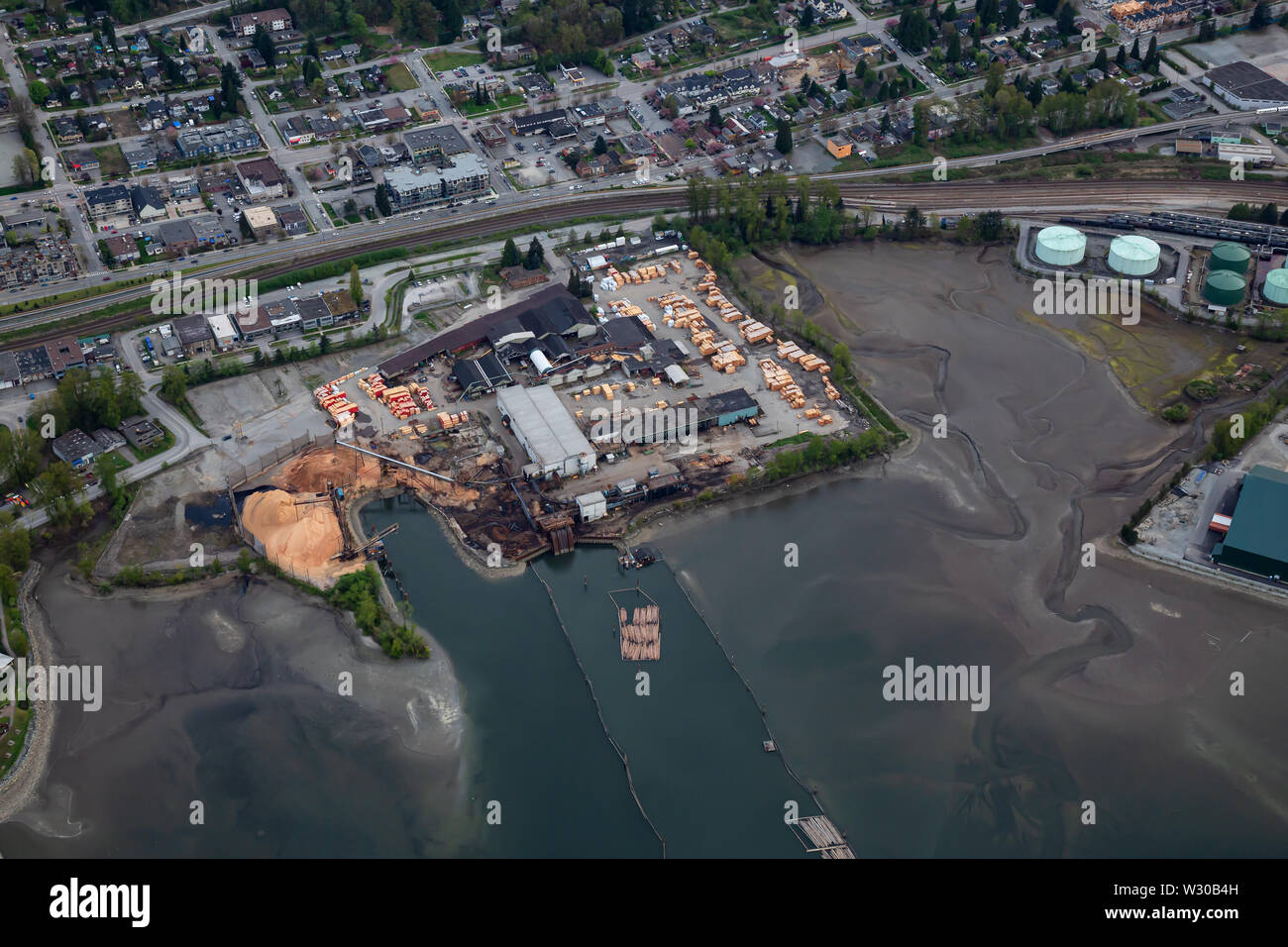 Aerial view of Lumber Mill Industry in Port Moody, Vancouver, British