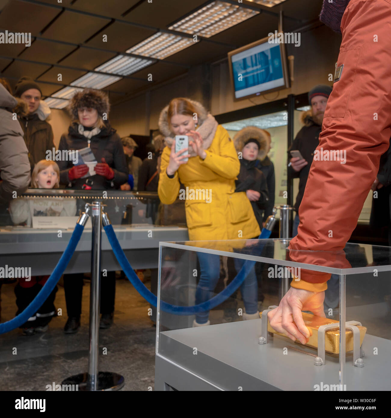 Gold Bar on display, exhibit during the Winter Lights Festival, Reykjavik, Iceland. Stock Photo