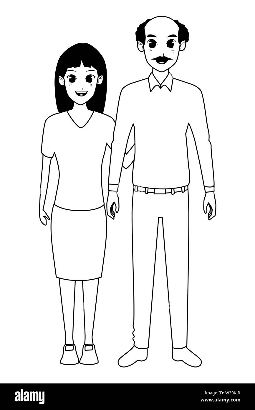 Family grand parents with granddaughter cartoon in black and white