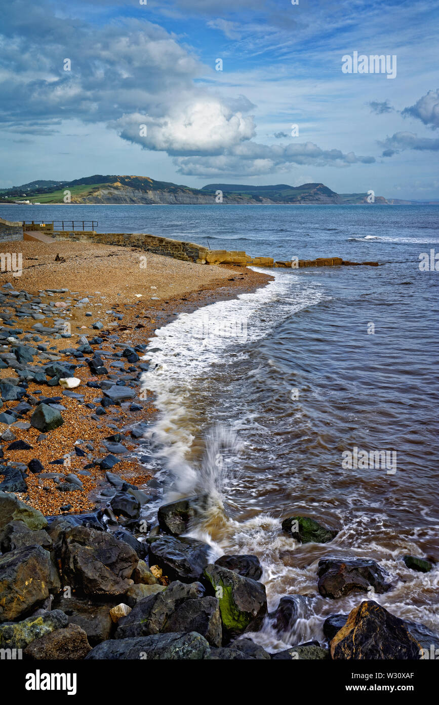 UK,Dorset,Lyme Regis,View across Lyme Bay to Charmouth and Golden Cap Stock Photo