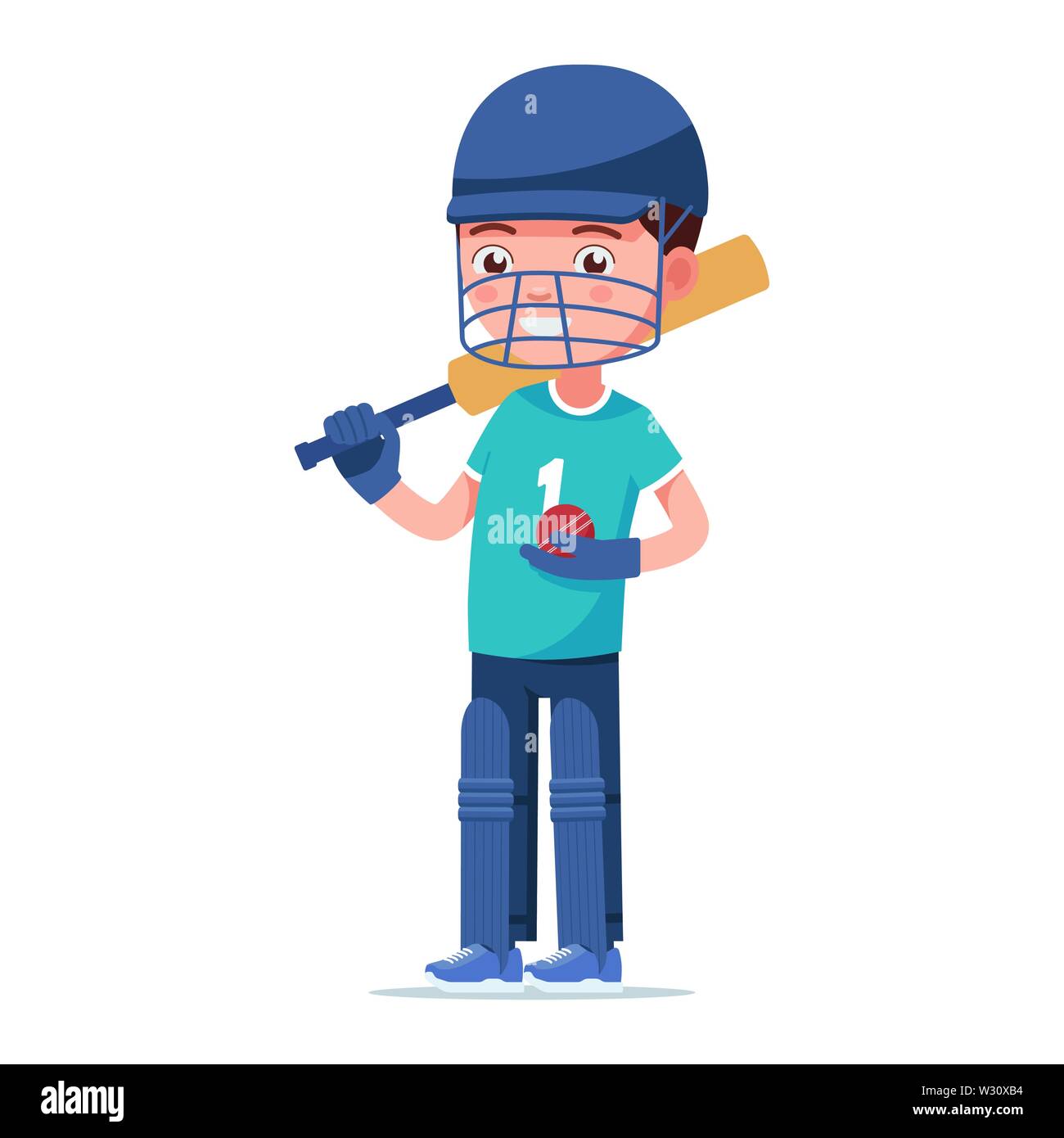 Boy cricket player stands with a bat and a ball Stock Vector