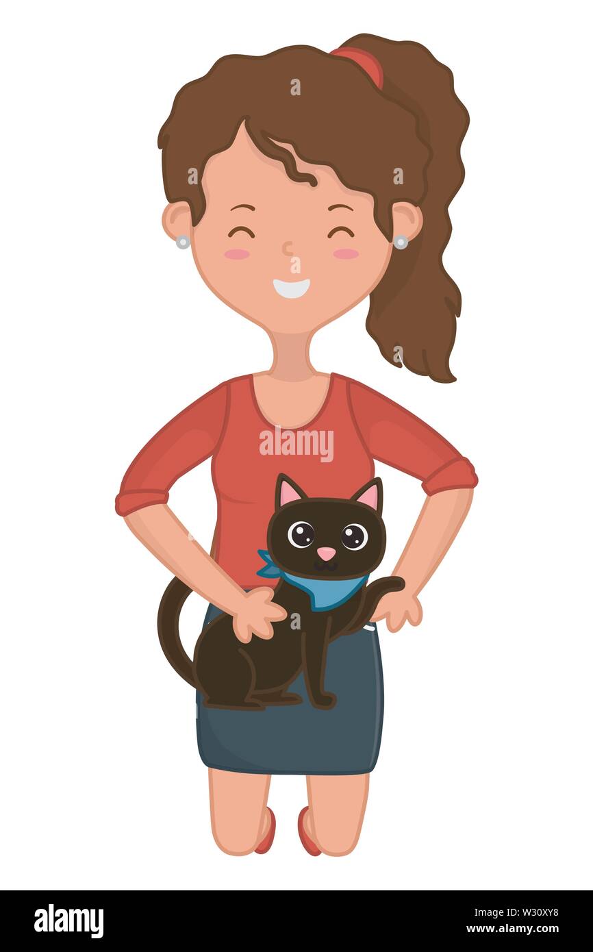Girl With Cat Cartoon Design Mascot Pet Animal Domestic Cute Life