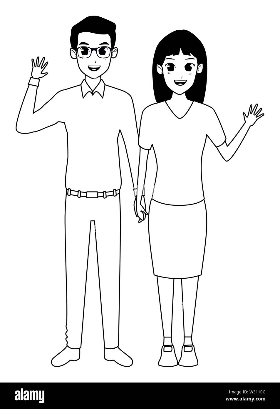 Young adult couple greeting cartoon in black and white Stock Vector Image &  Art - Alamy