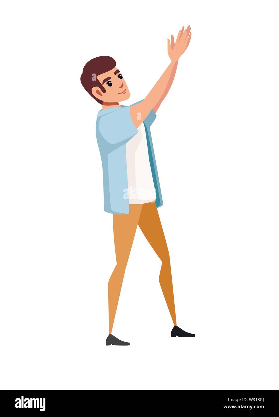 Man wearing casual clothes with upraised hands claps cartoon character design flat vector illustration isolated on white background. Stock Vector