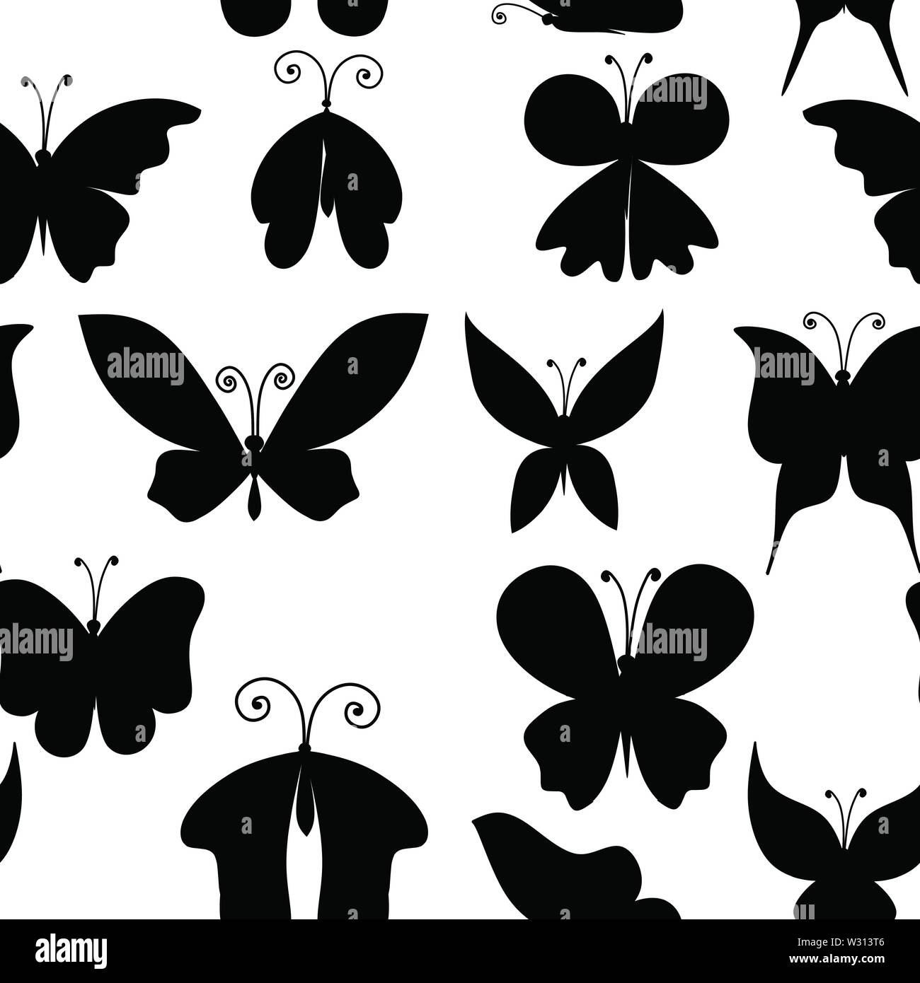 Seamless pattern black silhouette set of abstract decorative butterfly ...