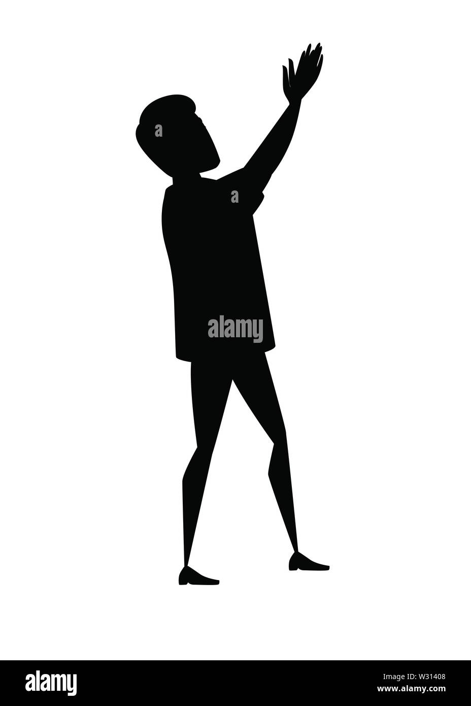 Black silhouette man wearing casual clothes with upraised hands claps cartoon character design flat vector illustration isolated on white background. Stock Vector