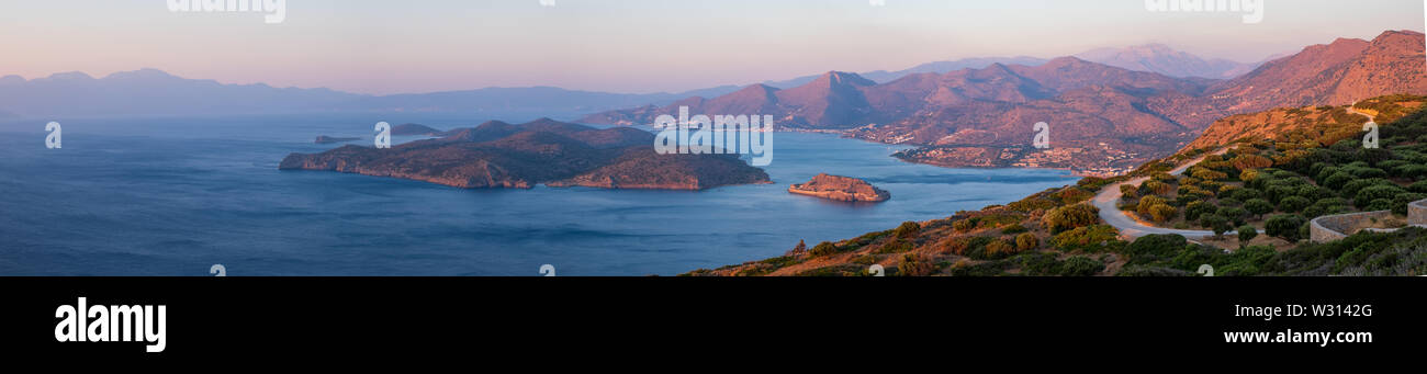 Panorama of Gulf of Mirabello at sunrise, Crete, Greece Stock Photo