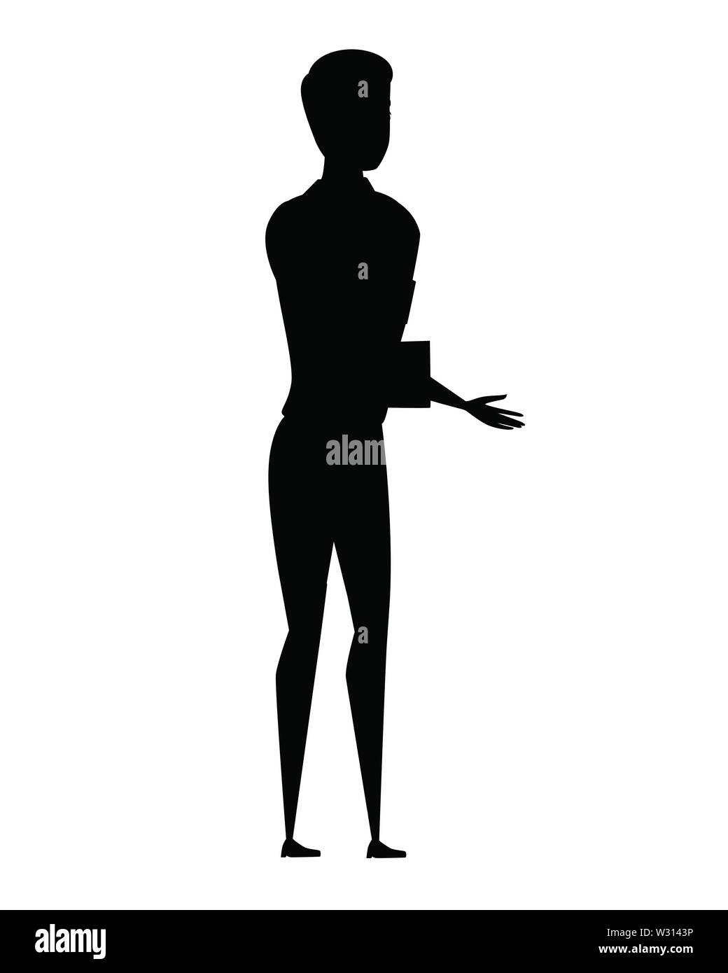 Black silhouette friendly man extends his hand in greeting cartoon character design flat vector illustration isolated on white background. Stock Vector