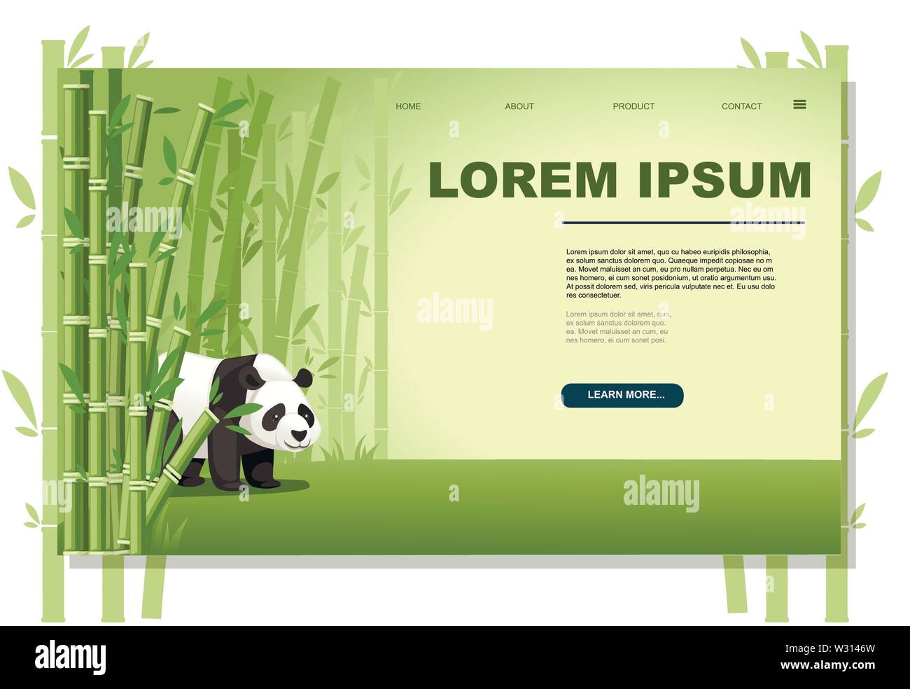 Bamboo trees asian forest landscape with cute big panda flat vector illustration horizontal banner web site page design. Stock Vector