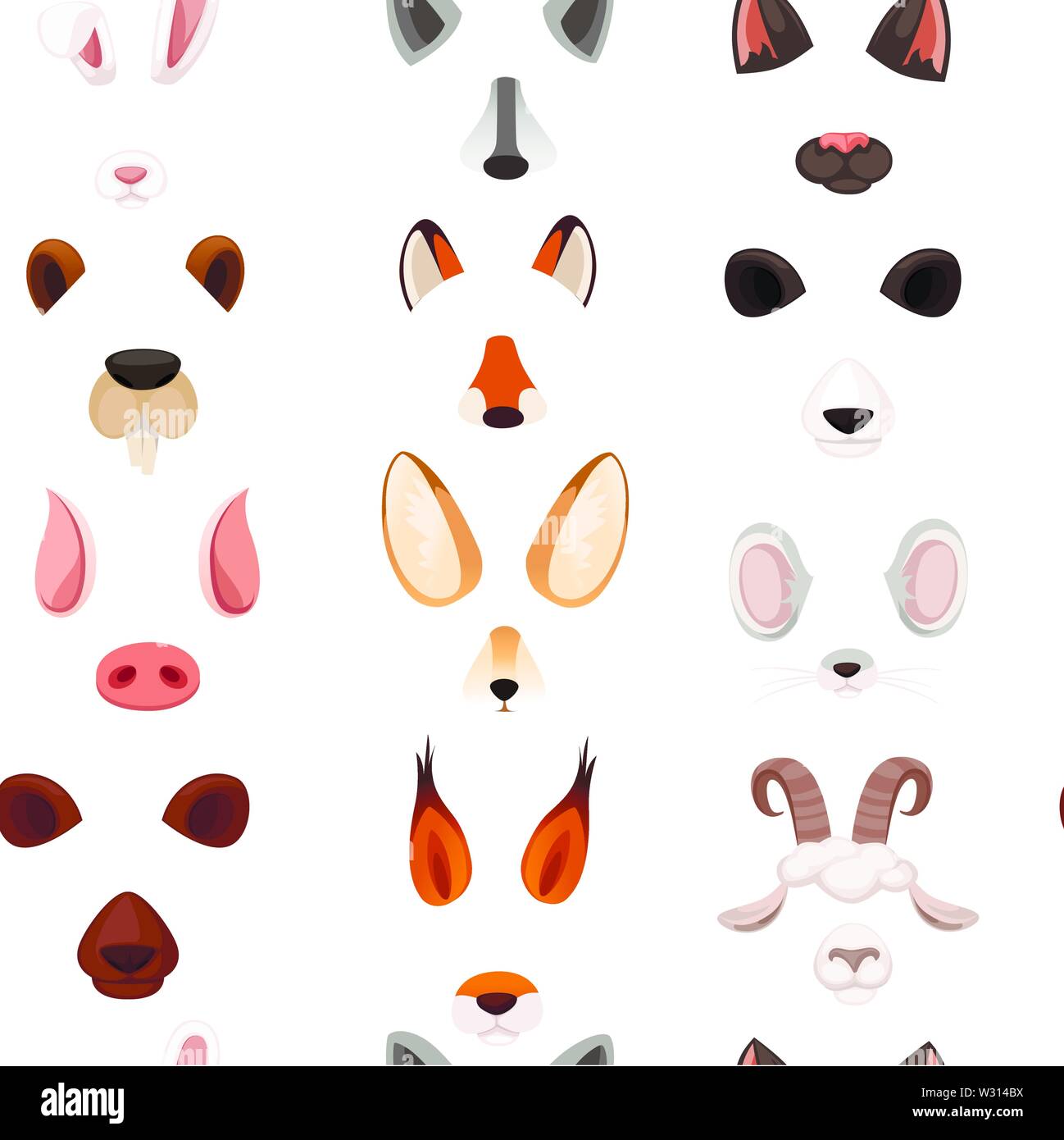 Seamless pattern animal face elements set cartoon flat design ears and noses vector illustration on white background. Stock Vector