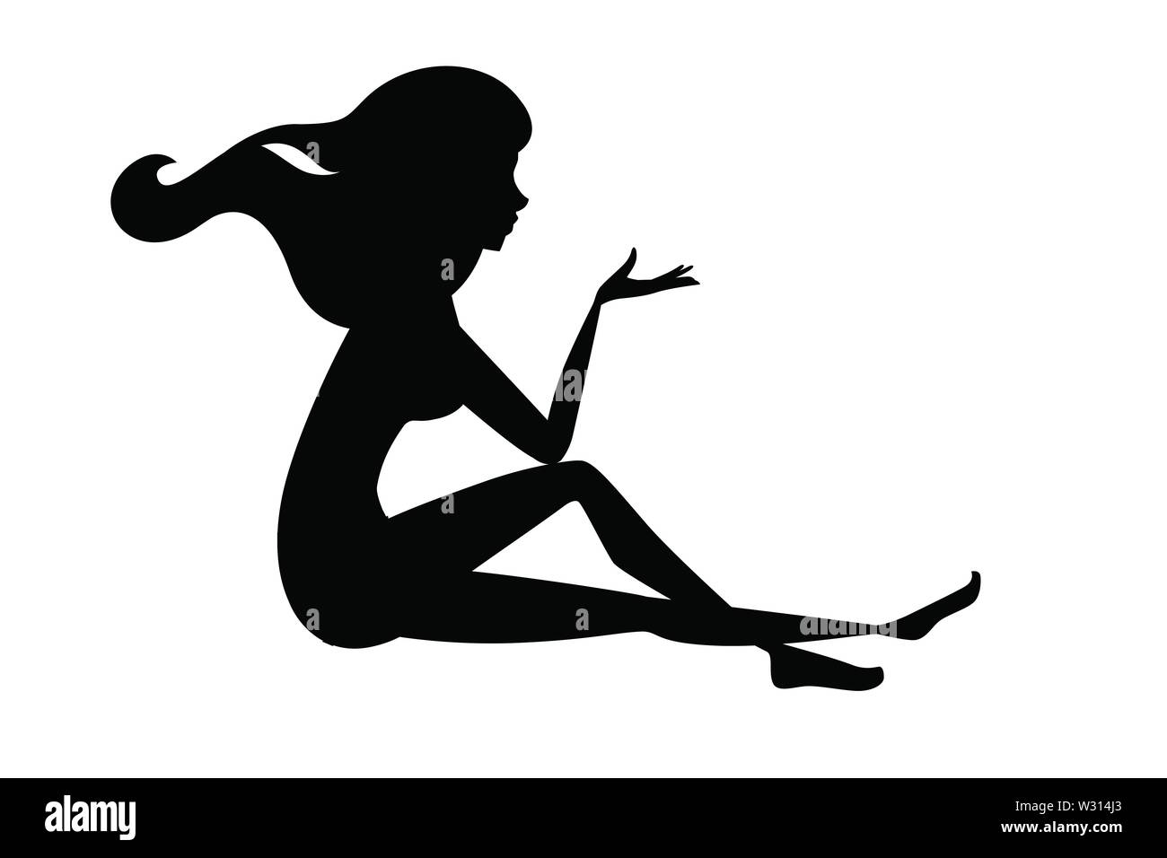 Black silhouette beautiful fashion woman sit on floor cartoon character