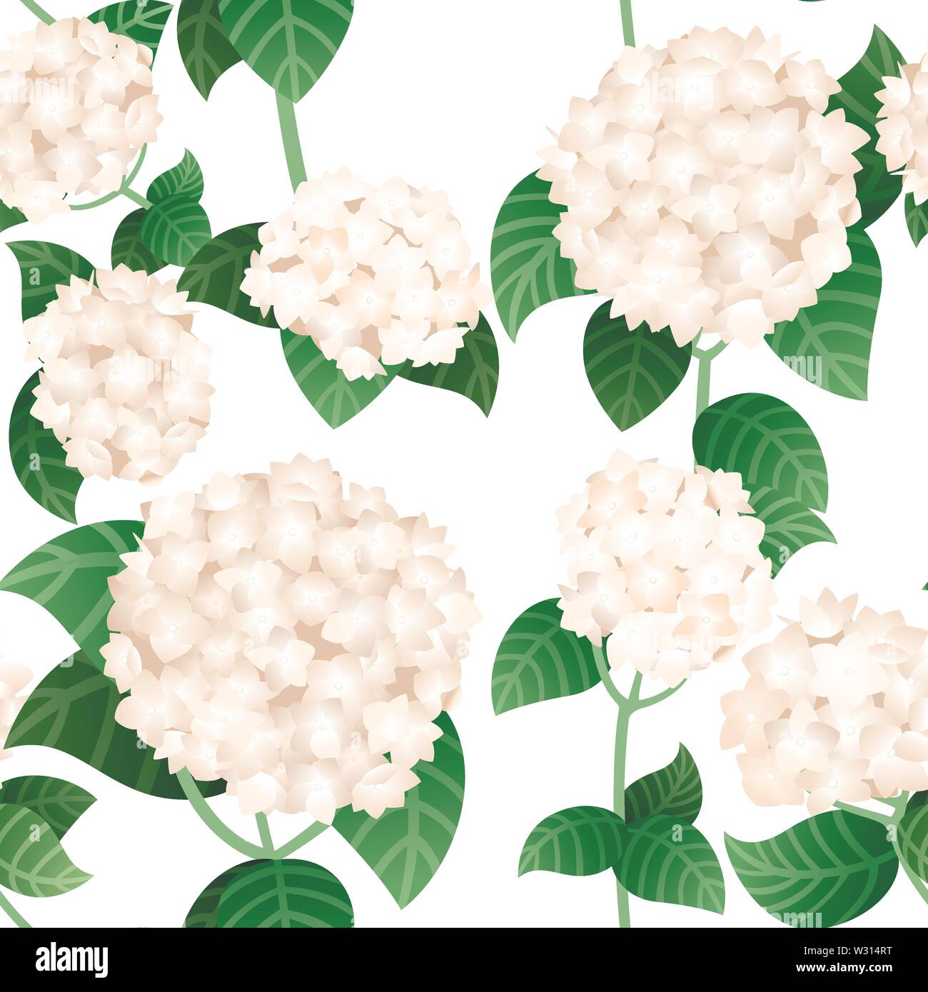 Seamless pattern of white hydrangea flowers with green stems and leaves flat vector illustration on white background. Stock Vector