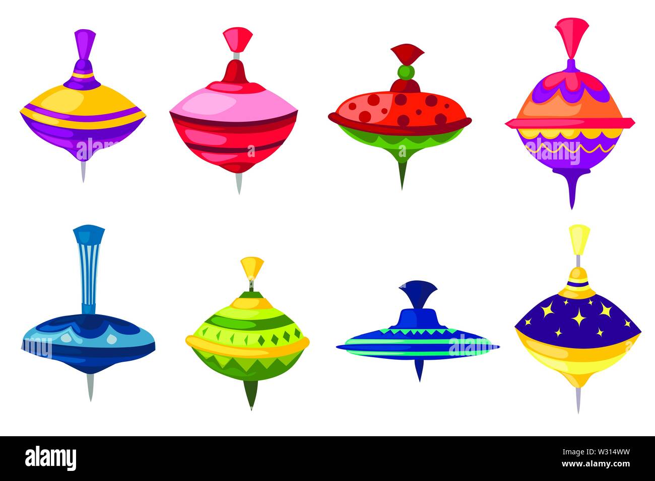 Set of kids toy whirligig spinner with different form and texture patterns flat vector illustration isolated on white background. Stock Vector