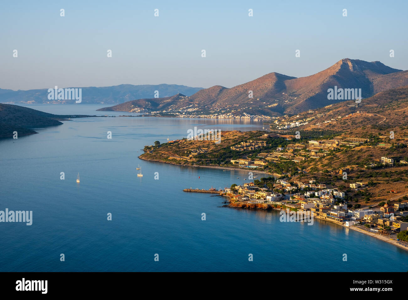 Bay of Mirabello with resorts of Plaka and Elounda. Crete Stock Photo