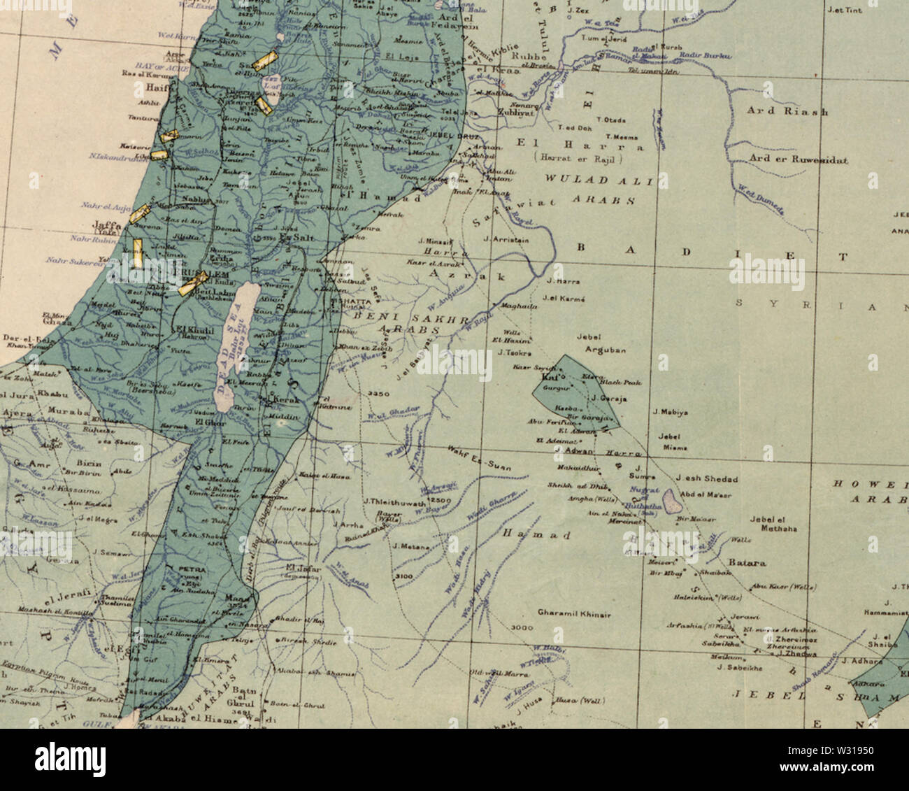 Palestine and Transjordan in Maunsell's map, Pre-World War I British Ethnographical Map of eastern Turkey in Asia, Syria and western Persia 05 Stock Photo