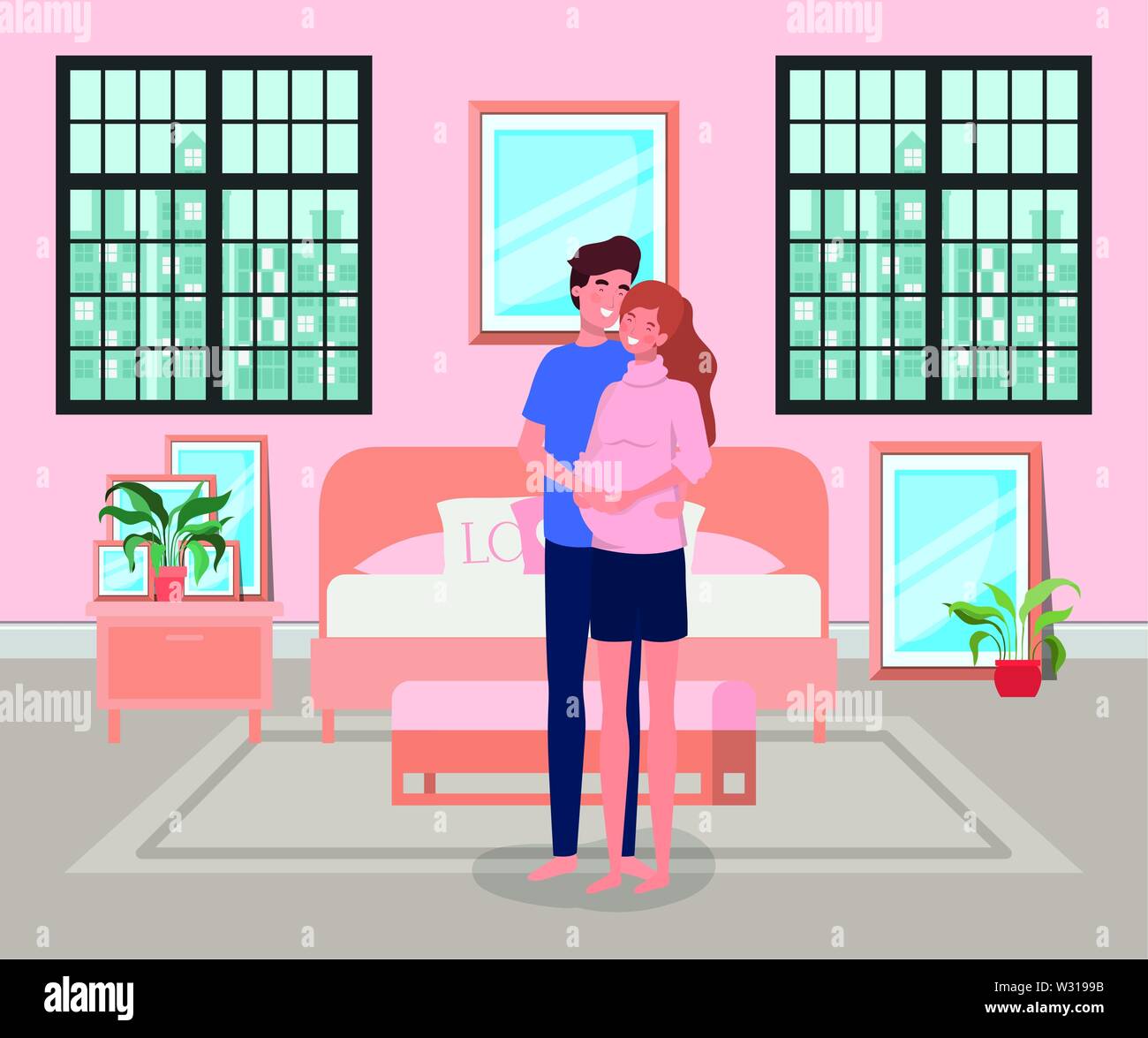 pregnancy couple in bedroom scene Stock Vector