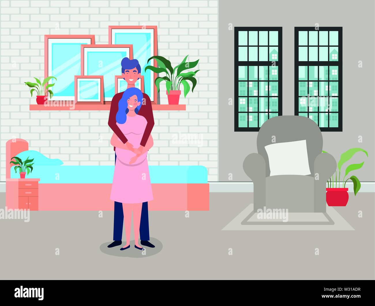 pregnancy couple in bedroom scene Stock Vector