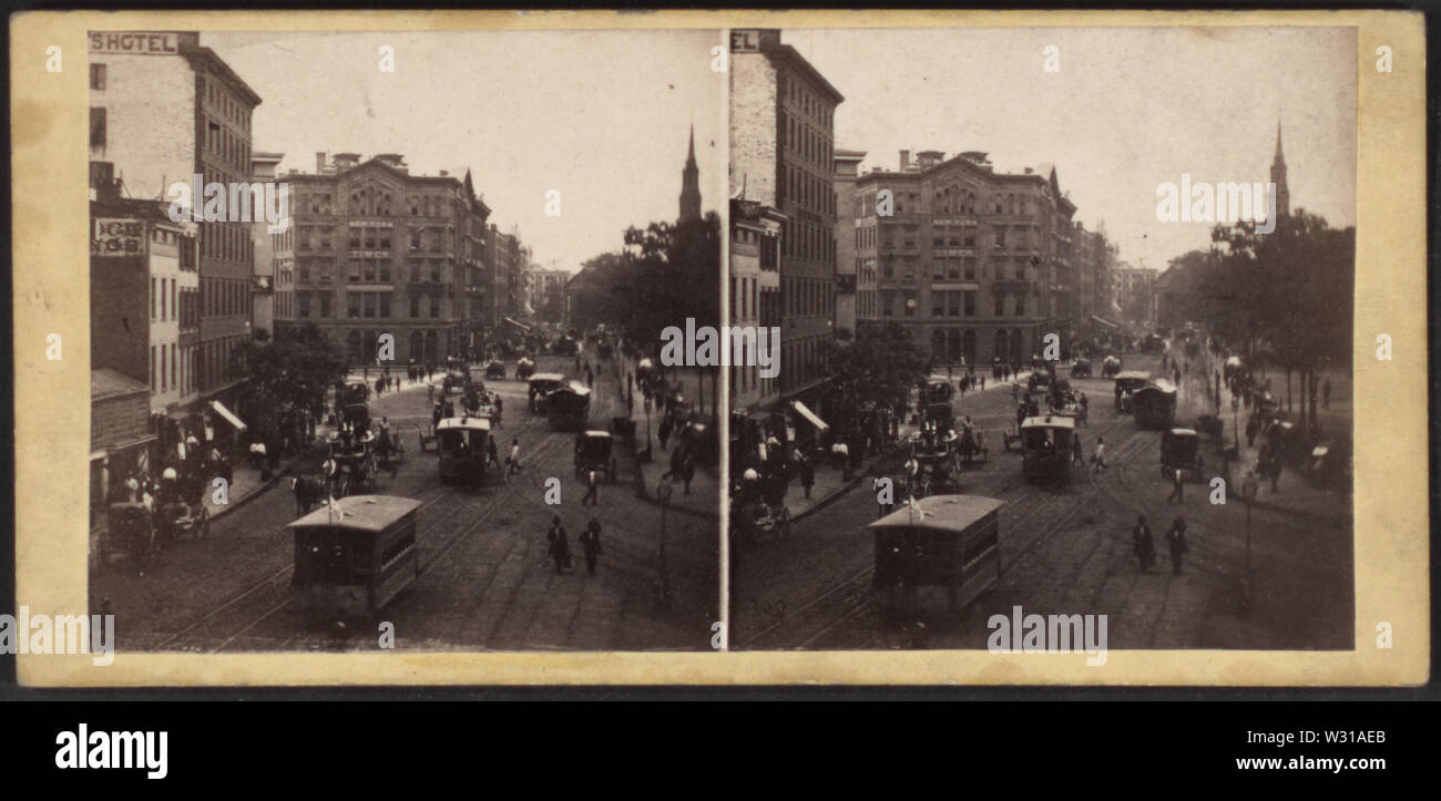 Park Row from Tryon Row, the City Hall Park on the right, showing the ...