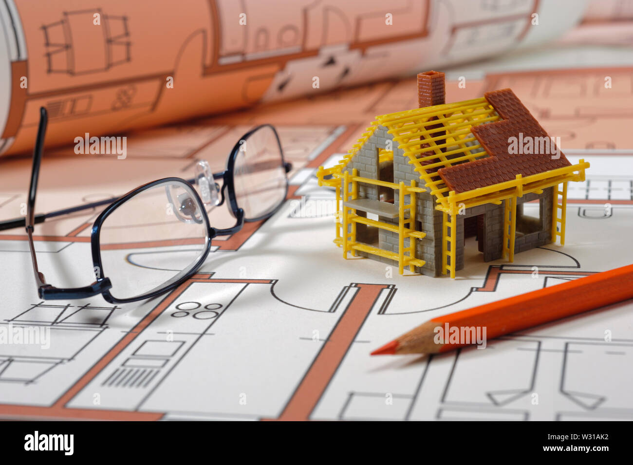 model home on architectural construction plan Stock Photo