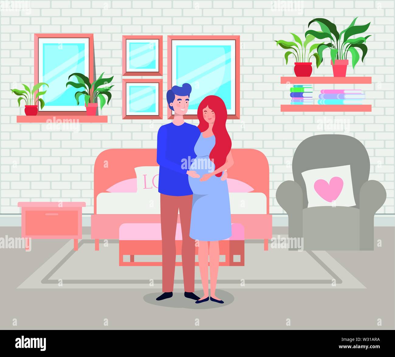 pregnancy couple in bedroom scene Stock Vector