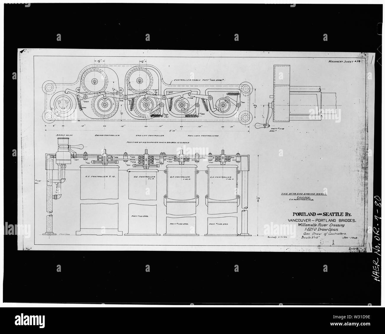 Photocopy of drawing (from print, Burlington Northern Engineering Office) GENERAL DRAWING OF CONTROLLERS - Burlington Northern Railroad Bridge, Spanning Willamette River at River Mile 6.9, Portland, Multnomah County, OR Stock Photo