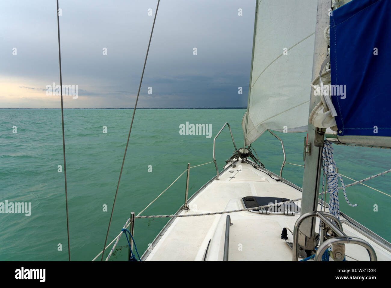 Sailboat on the lake Balaton ship prow view Stock Photo