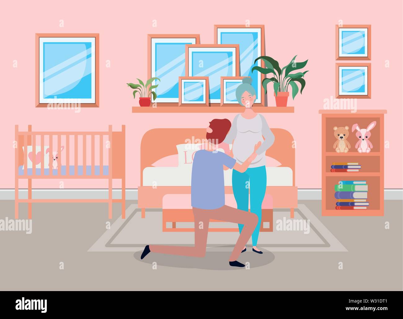 pregnancy couple in bedroom scene Stock Vector