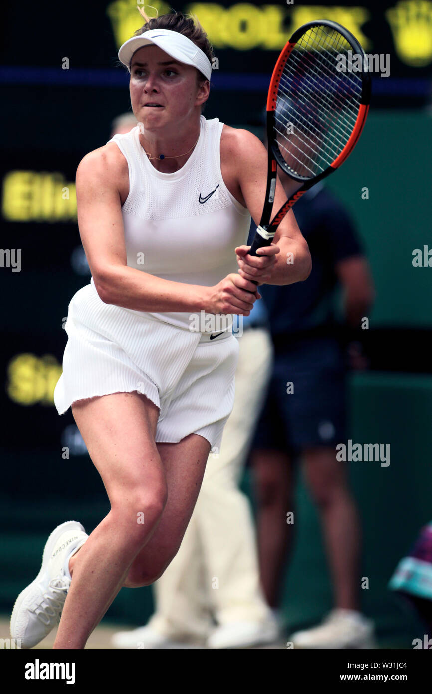 Wimbledon, UK. 11th July, 2019. Elina Svitolina during her match against Simona Halep in the womens semifinals at Wimbledon today