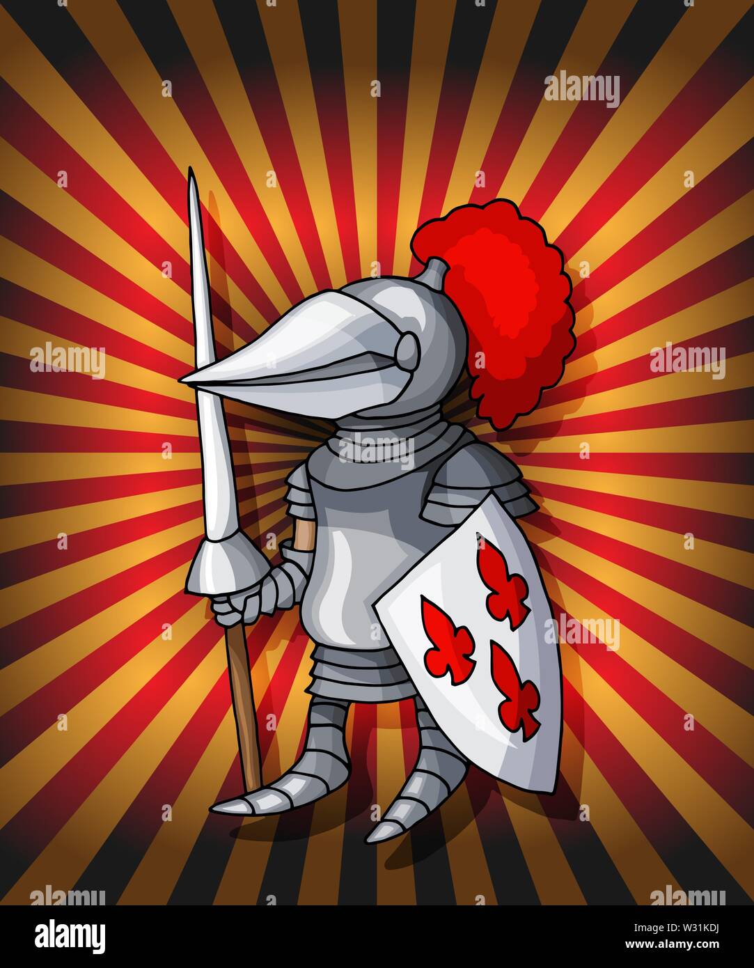 Cartoon postcard knight. Royal steel crusader armor on glittering red lights Stock Vector