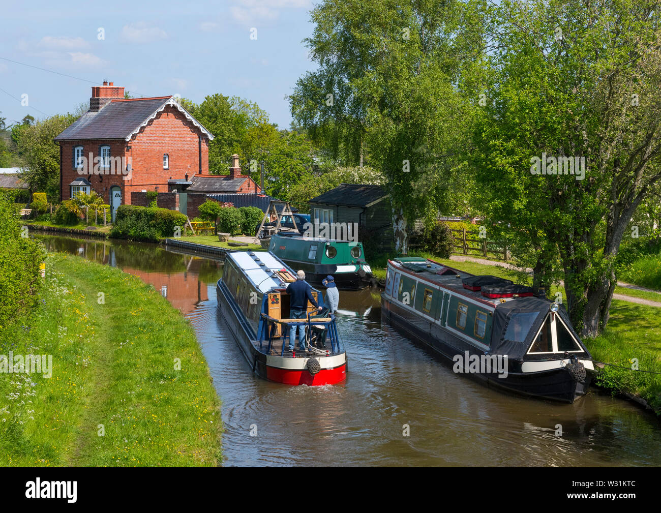 Canal boat on the Llangollen Canal at Balmer Heath, Shropshire. Stock Photo