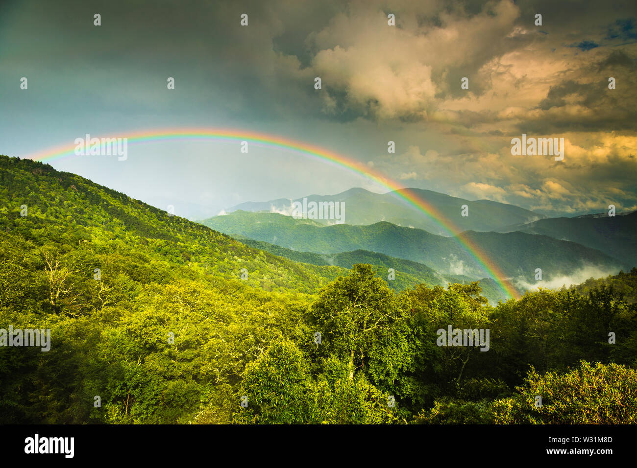 Rainbow over Buckeye Knob  from Green Knob Overlook, Blue Ridge Parkway, North Carolina, USA. Stock Photo