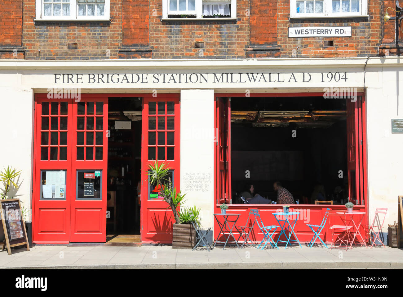 The Old Millwall Fire Station restaurant, serving Turkish food, on Westferry Road, on the Isle of Dogs, east London, UK Stock Photo