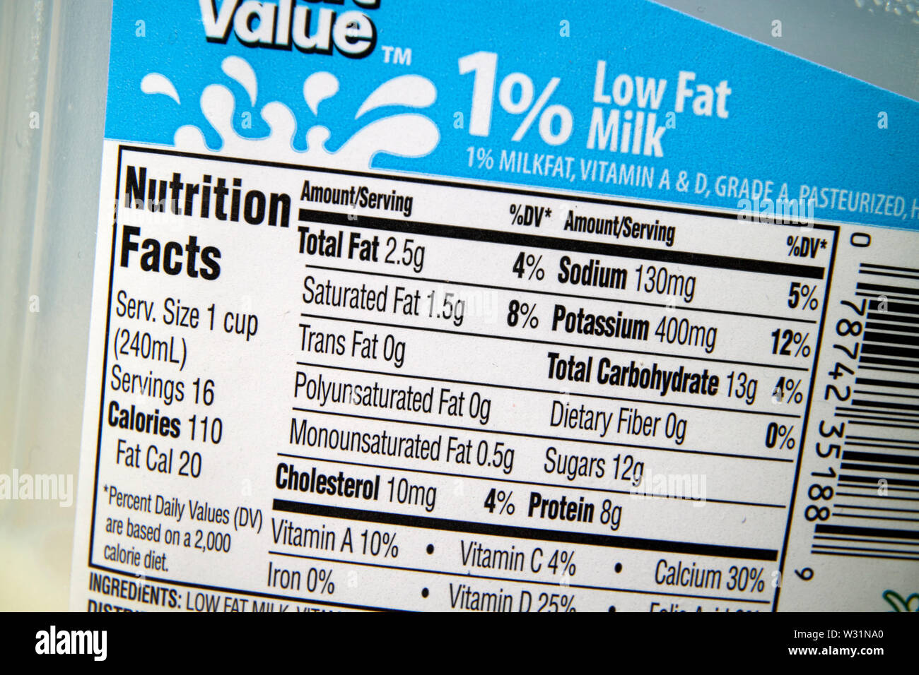 nutrition facts food labelling on 1% low fat milk USA United States of America Stock Photo