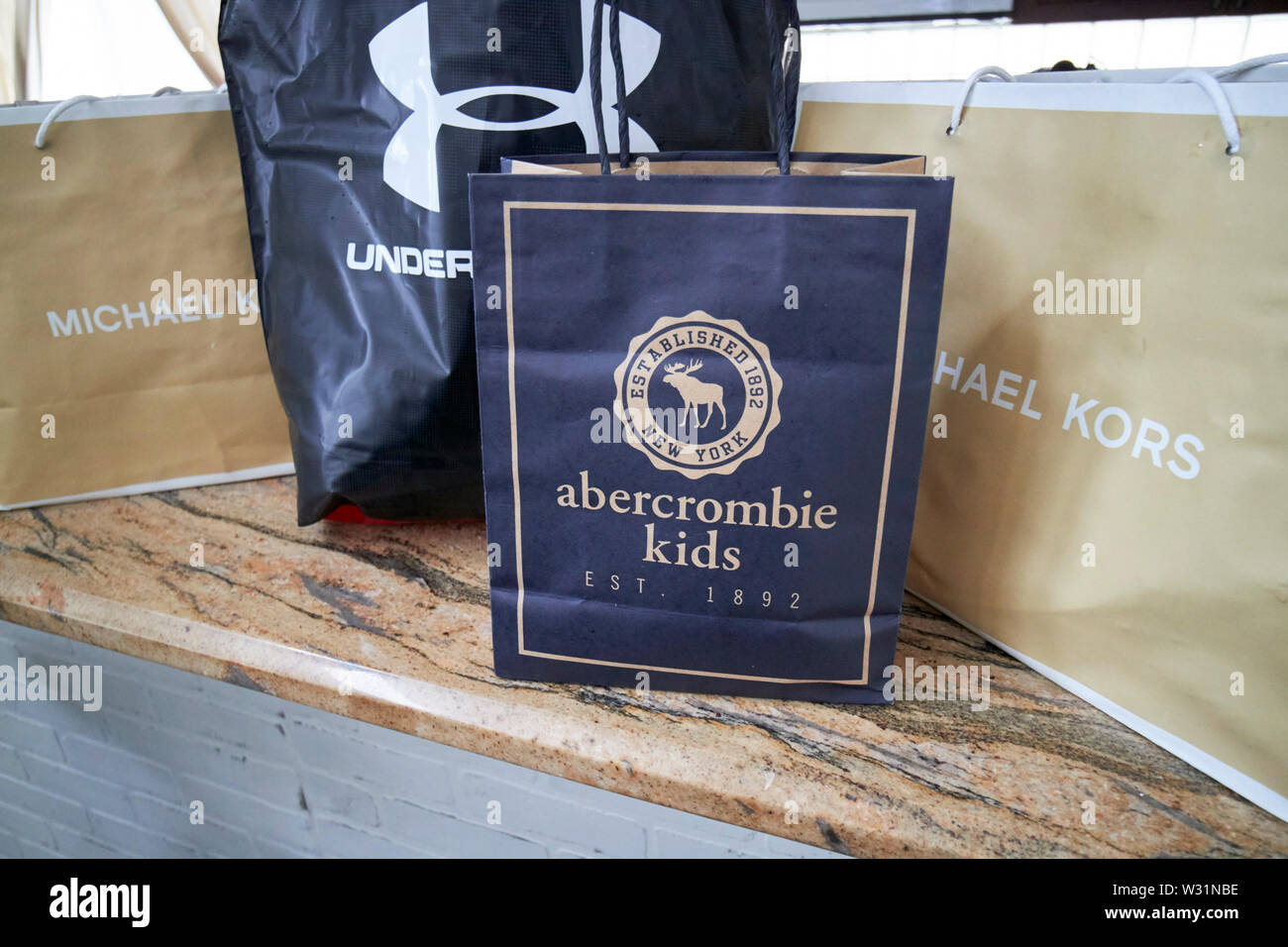 shopping bags on a kitchen counter after a shopping trip in orlando USA United States of America Stock Photo